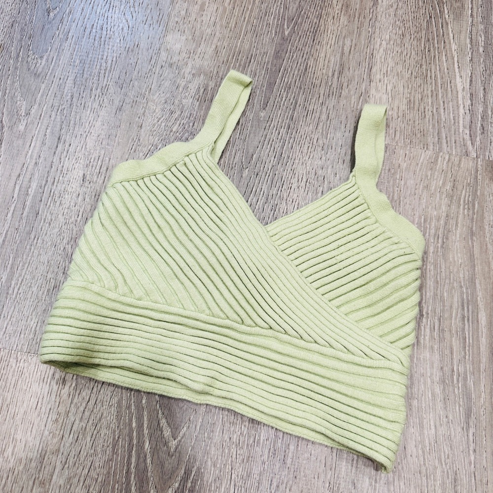 Princess Polly Sage Green Ribbed Knit Surplice Wrap Crop Top SM Sleeveless Tank